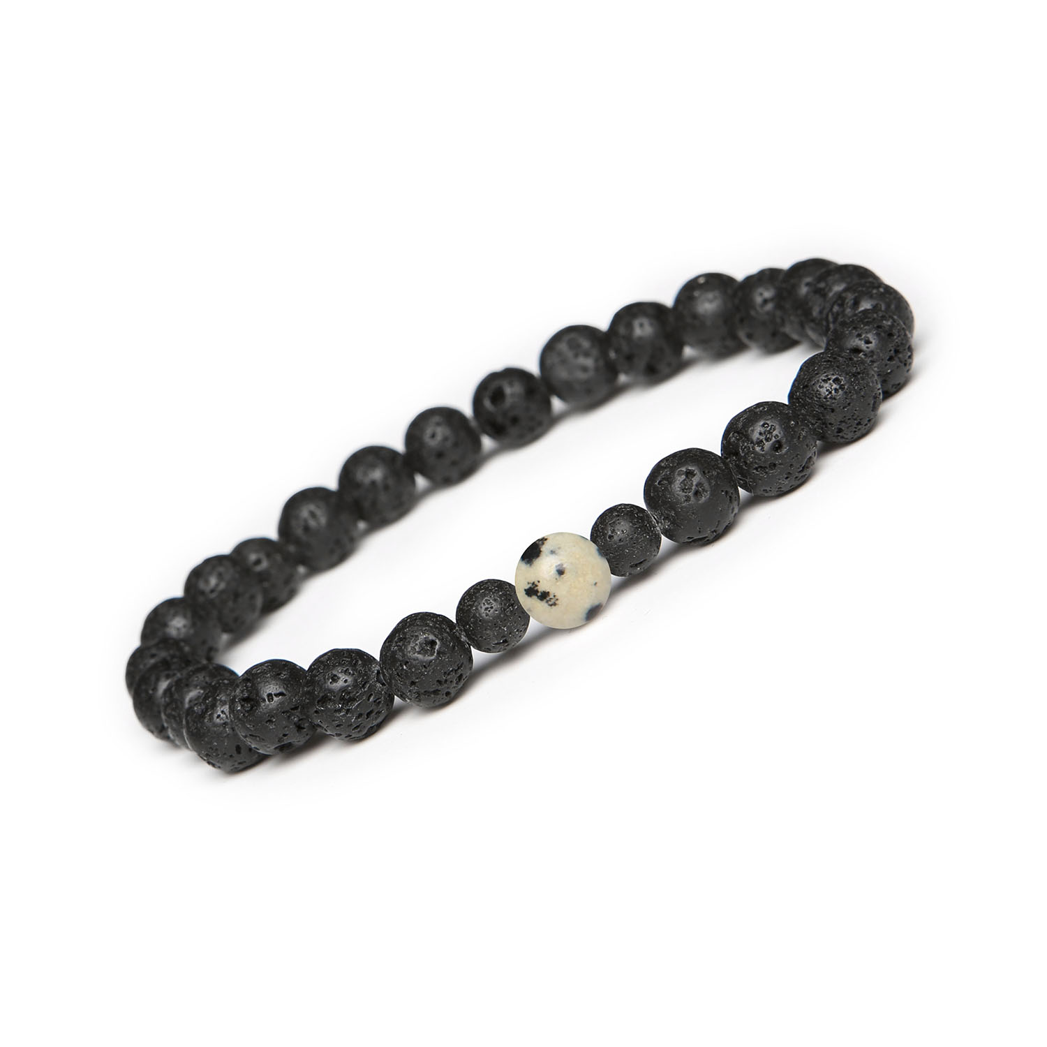 Bransoletka Binthe na gumce z Jaspisem Dalmatyńskim i Lawą Wulkaniczną, unisex Bransoletka z kamieniami naturalnymi, w tym jaspisem dalmatyńskim i lawą wulkaniczną, idealna dla osób ceniących unikalny styl.