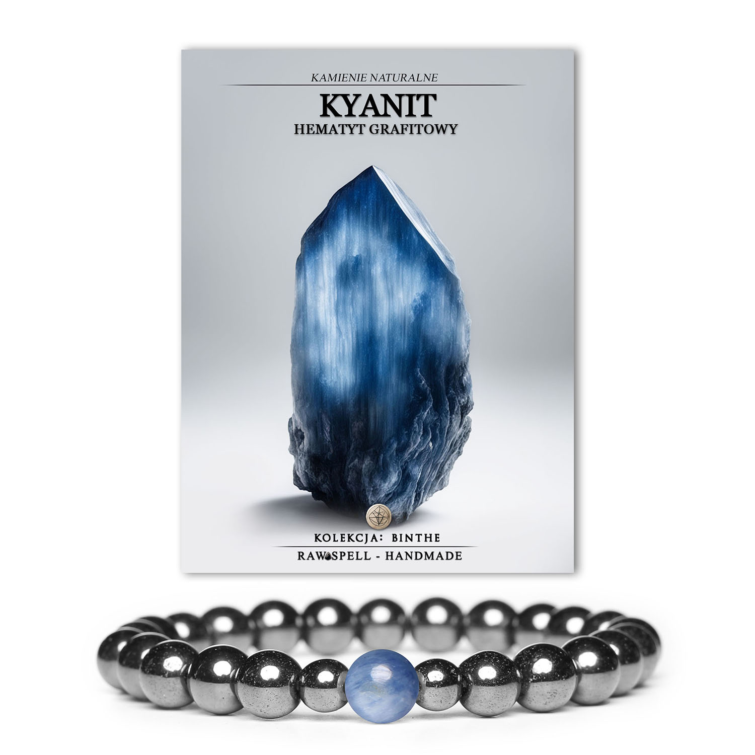 Bransoletka z naturalnych kamieni kyanitu i hematytu grafitowego w kolekcji Binthe, pasująca zarówno dla kobiet, jak i mężczyzn.