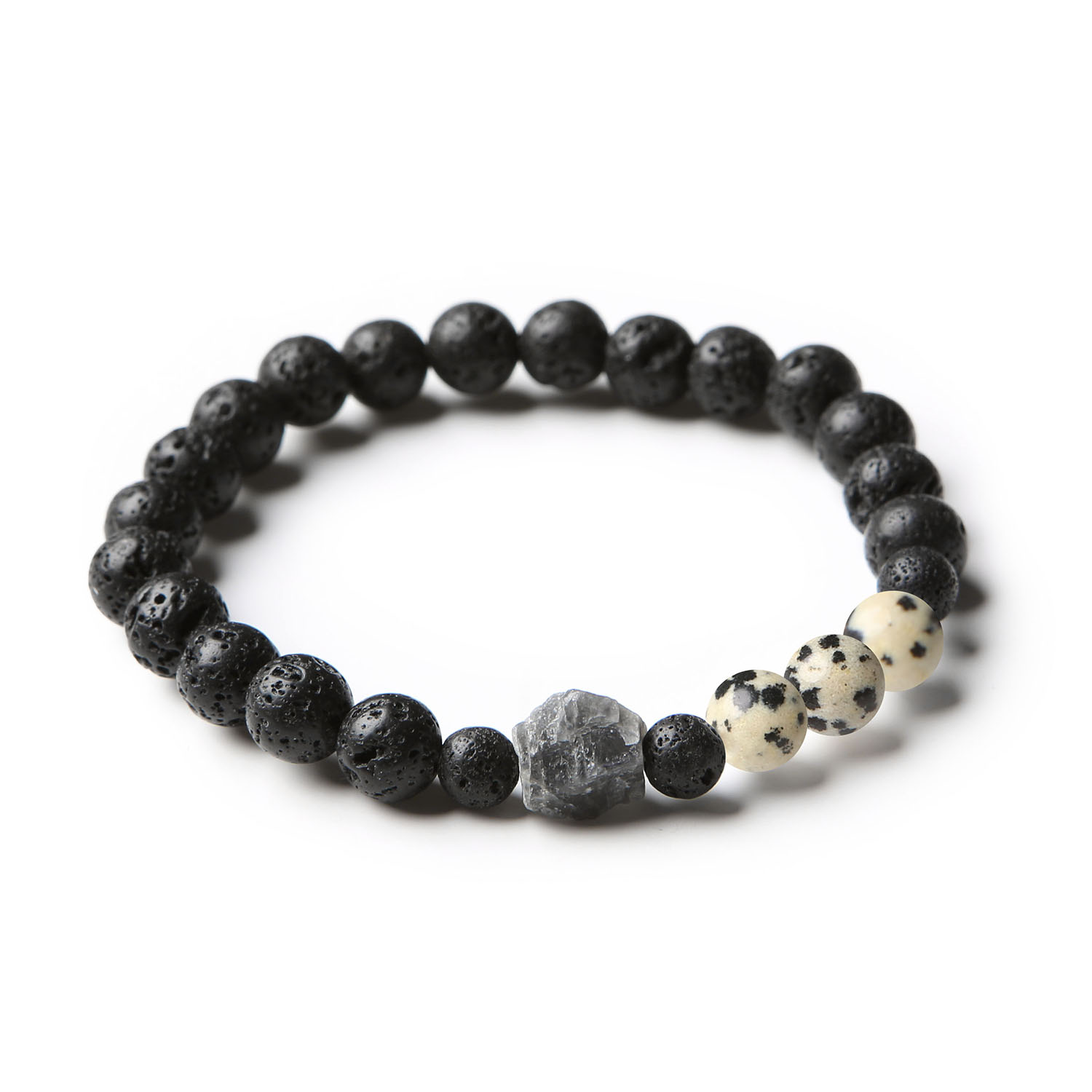 Elegancka bransoletka Derdr z naturalnymi kamieniami: jaspis dalmatyński z charakterystycznymi wzorami, labradoryt o pięknych odcieniach i lawa wulkaniczna.