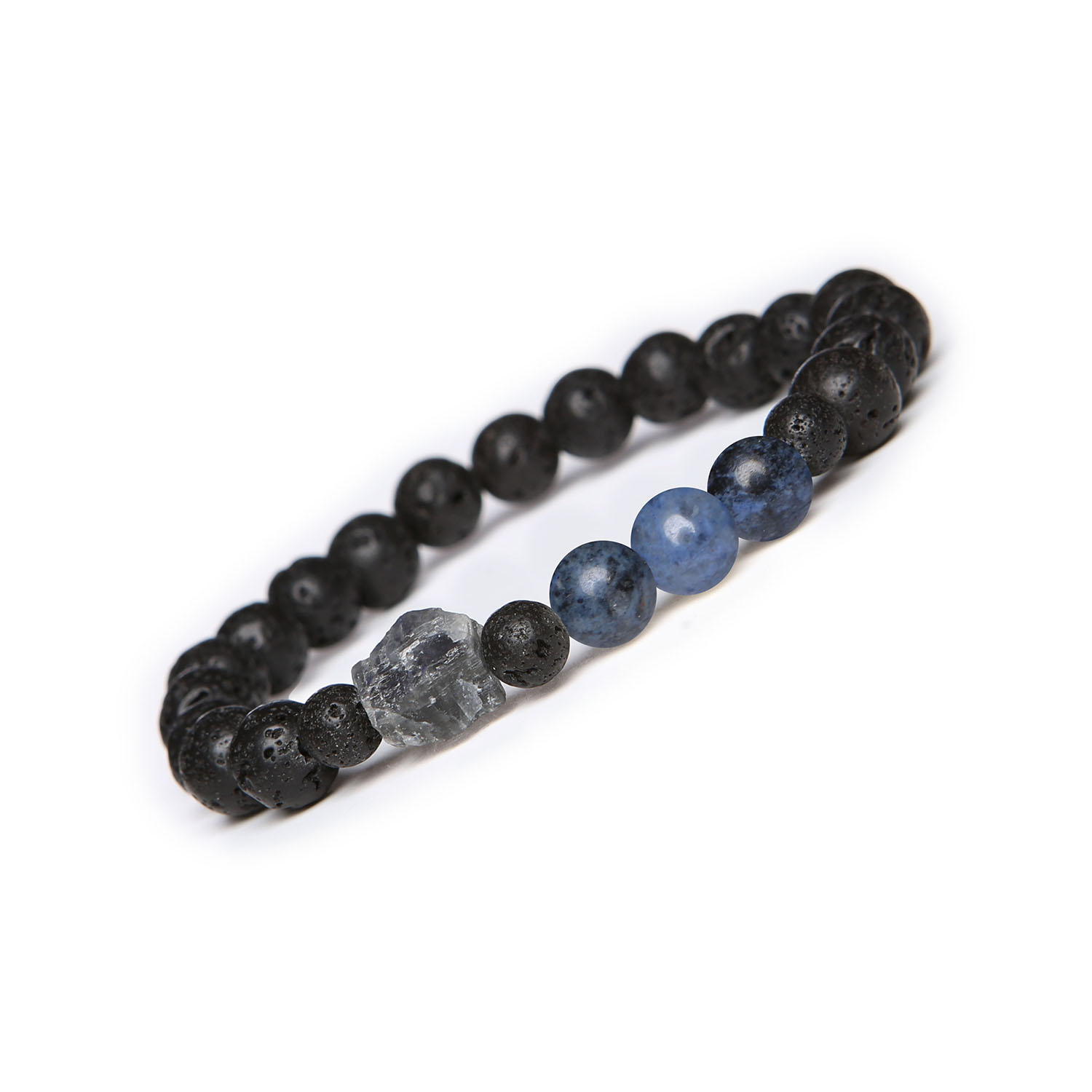 Bransoletka Derdr z gumką, w składzie Dumortieryt, Labradoryt oraz Lawa Wulkaniczna, idealna dla każdej płci Bransoletka z kolekcji Derdr, zawierająca dumortieryt, labradoryt oraz lawę wulkaniczną, stworzona z myślą o kobietach i mężczyznach.