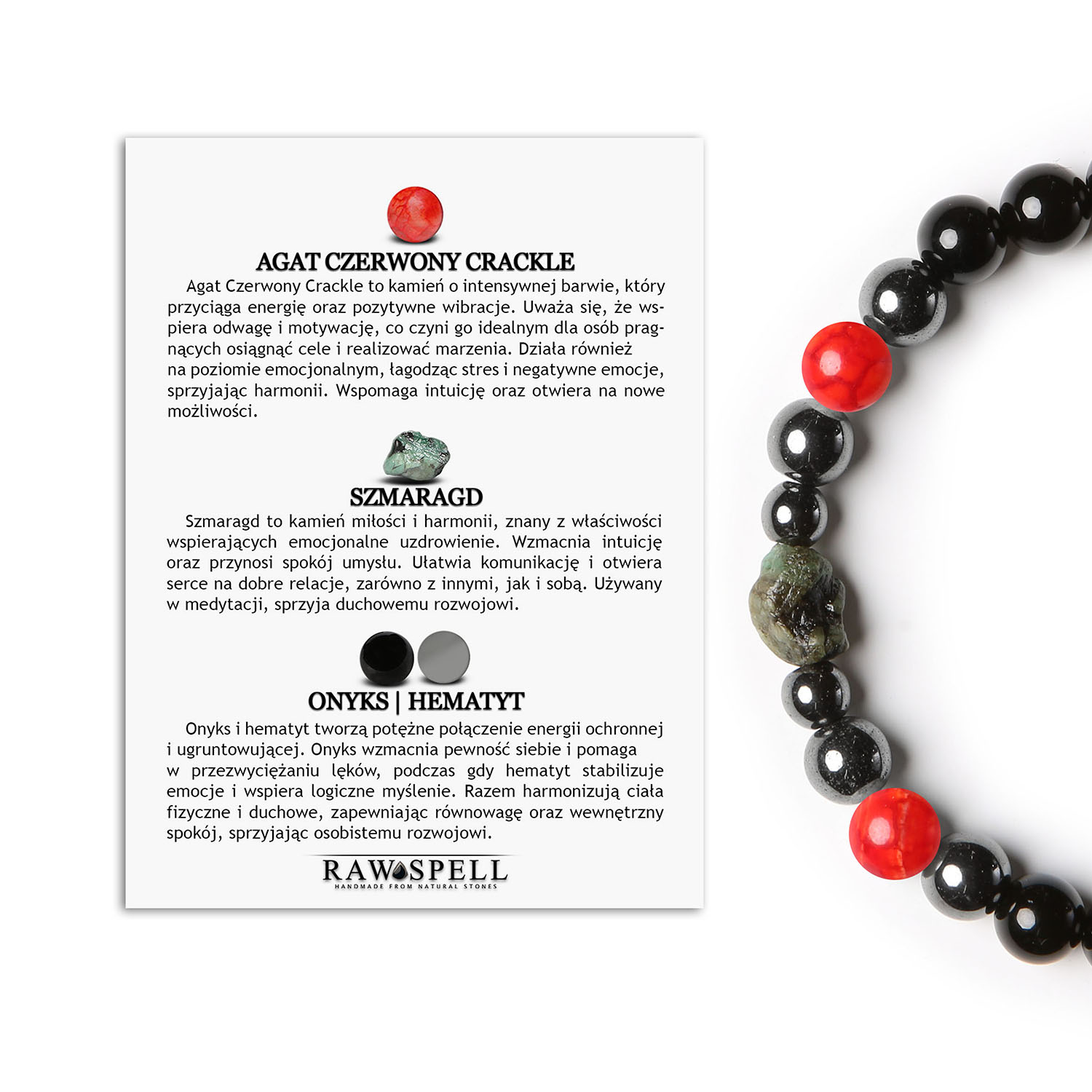 Bransoletka Elai na gumce z agatami czerwonymi, szmaragdem, onyksem i hematytem grafitowym, idealna dla obu płci Stylowa bransoletka z kolekcji Elai z kamieniami: agat czerwony crackle, szmaragd, onyks i hematyt grafitowy – uniwersalny dodatek dla kobiet i mężczyzn.