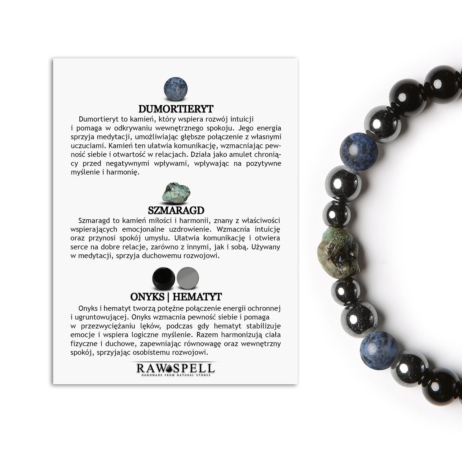 Bransoletka Elai na gumce z kamieniami dumortieryt, szmaragd, onyks oraz hematyt grafitowy, dedykowana dla kobiet i mężczyzn Oryginalna bransoletka z kolekcji Elai, zawierająca dumortieryt, szmaragd, onyks i hematyt grafitowy, doskonała dla obu płci.