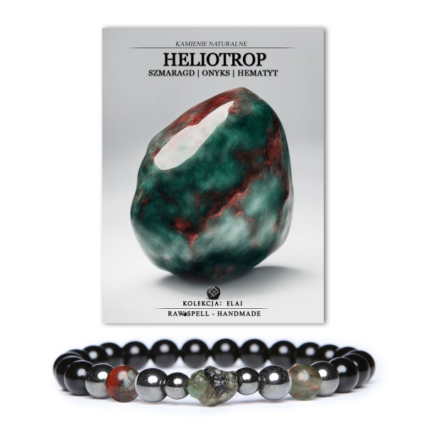 Elegancka bransoletka z kolekcji Elai z heliotropem, szmaragdem, onyksem i hematytem grafitowym, stworzona z myślą o kobietach i mężczyznach.