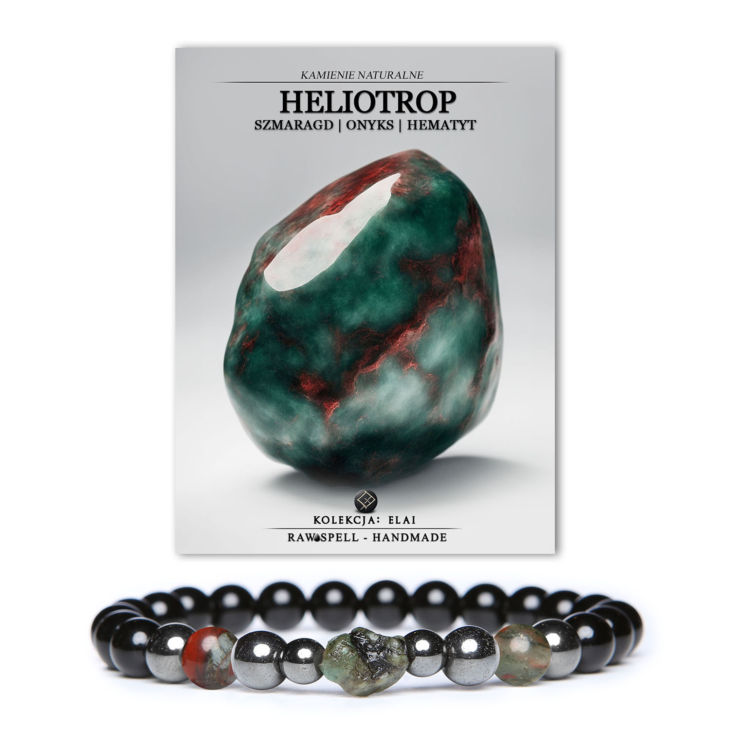 Elegancka bransoletka z kolekcji Elai z heliotropem, szmaragdem, onyksem i hematytem grafitowym, stworzona z myślą o kobietach i mężczyznach.