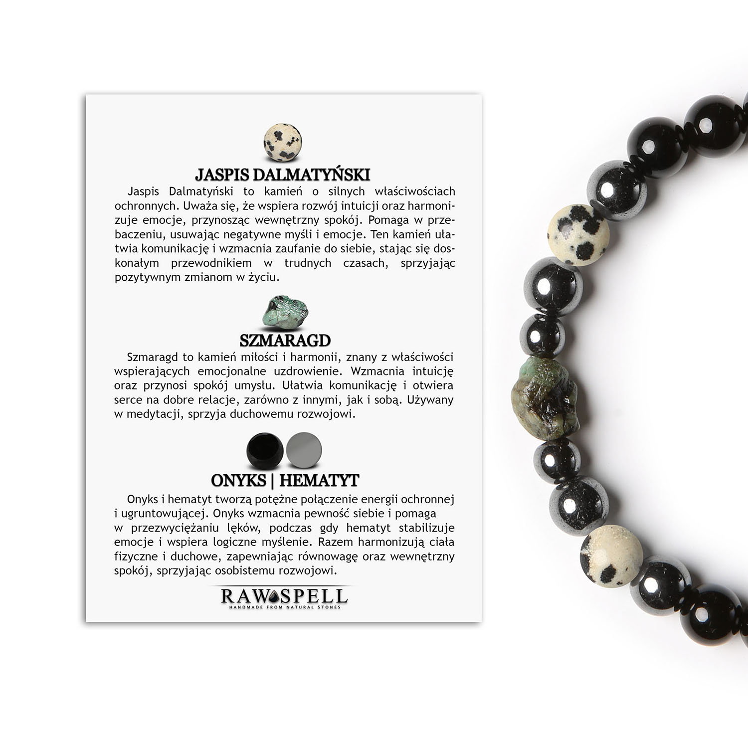 Bransoletka Elai z gumki, Jaspis Dalmatyński, Szmaragd, Onyks, Hematyt Grafitowy - idealna dla Kobiet i Mężczyzn Kolekcja Elai - bransoletka z kamieniami naturalnymi: Jaspis Dalmatyński, Szmaragd, Onyks i Hematyt Grafitowy, dla kobiet i mężczyzn.