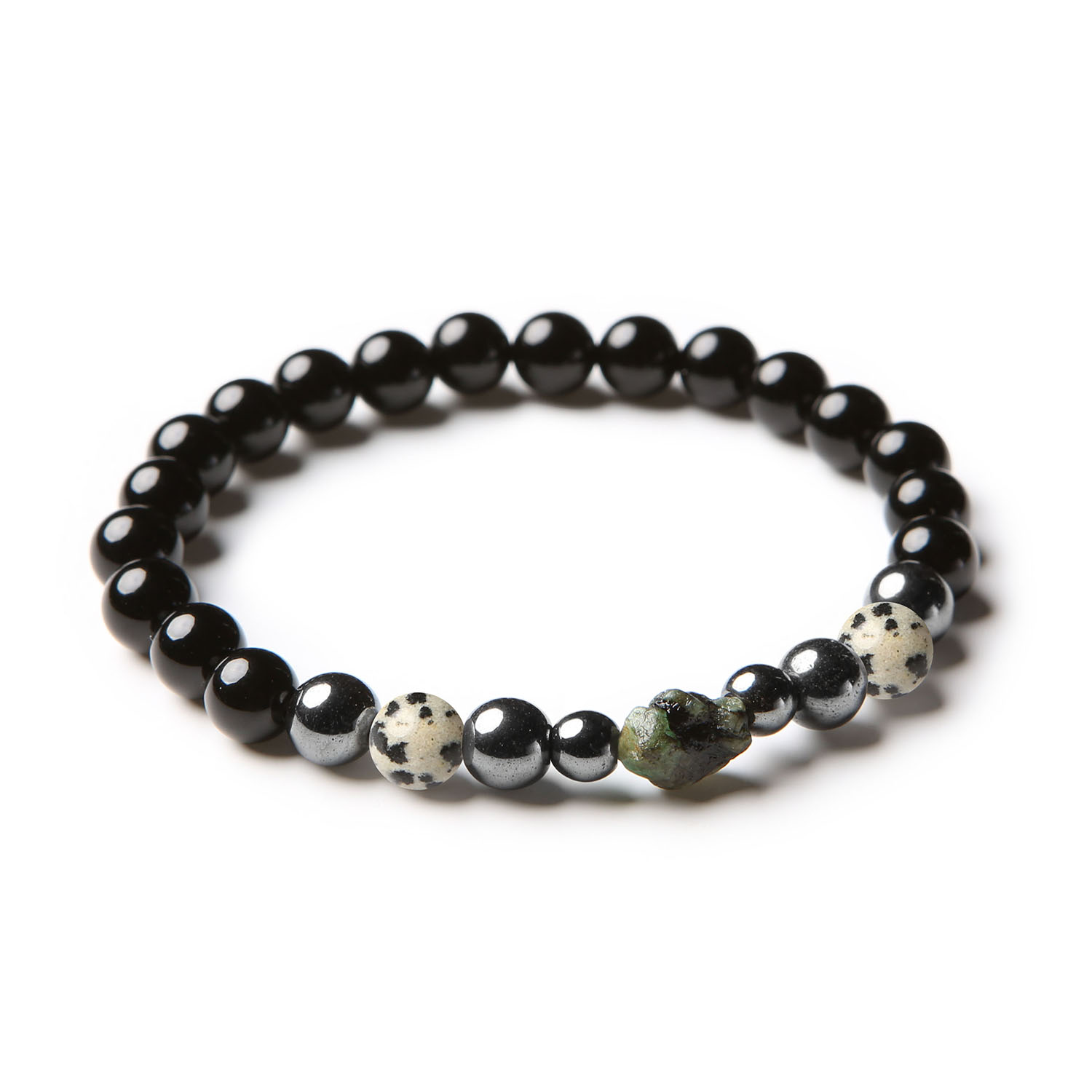 Unisex bransoletka z kamieniami naturalnymi z kolekcji Elai - Jaspis Dalmatyński, Szmaragd, Onyks i Hematyt Grafitowy, dla każdego kto ceni elegancję i naturalne piękno.