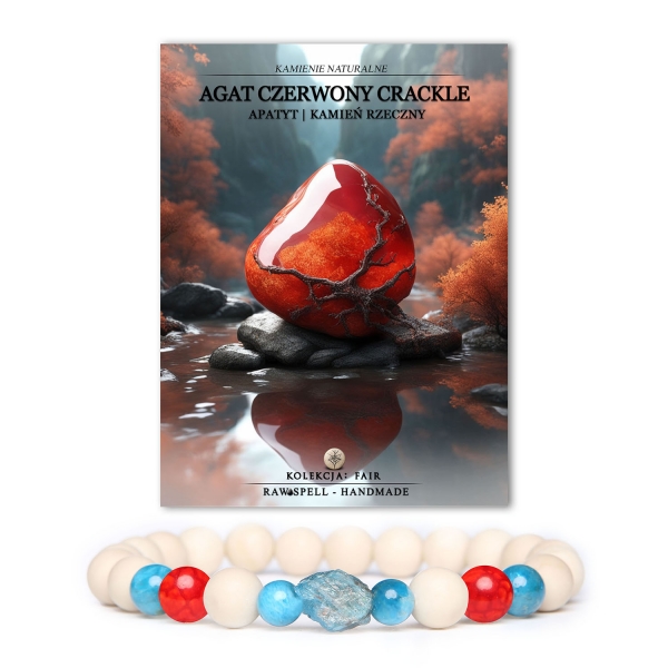 Bransoletka z naturalnych kamieni: czerwony agat crackle, apatyt i kamień rzeczny, dedykowana zarówno kobietom, jak i mężczyznom z kolekcji Fair.