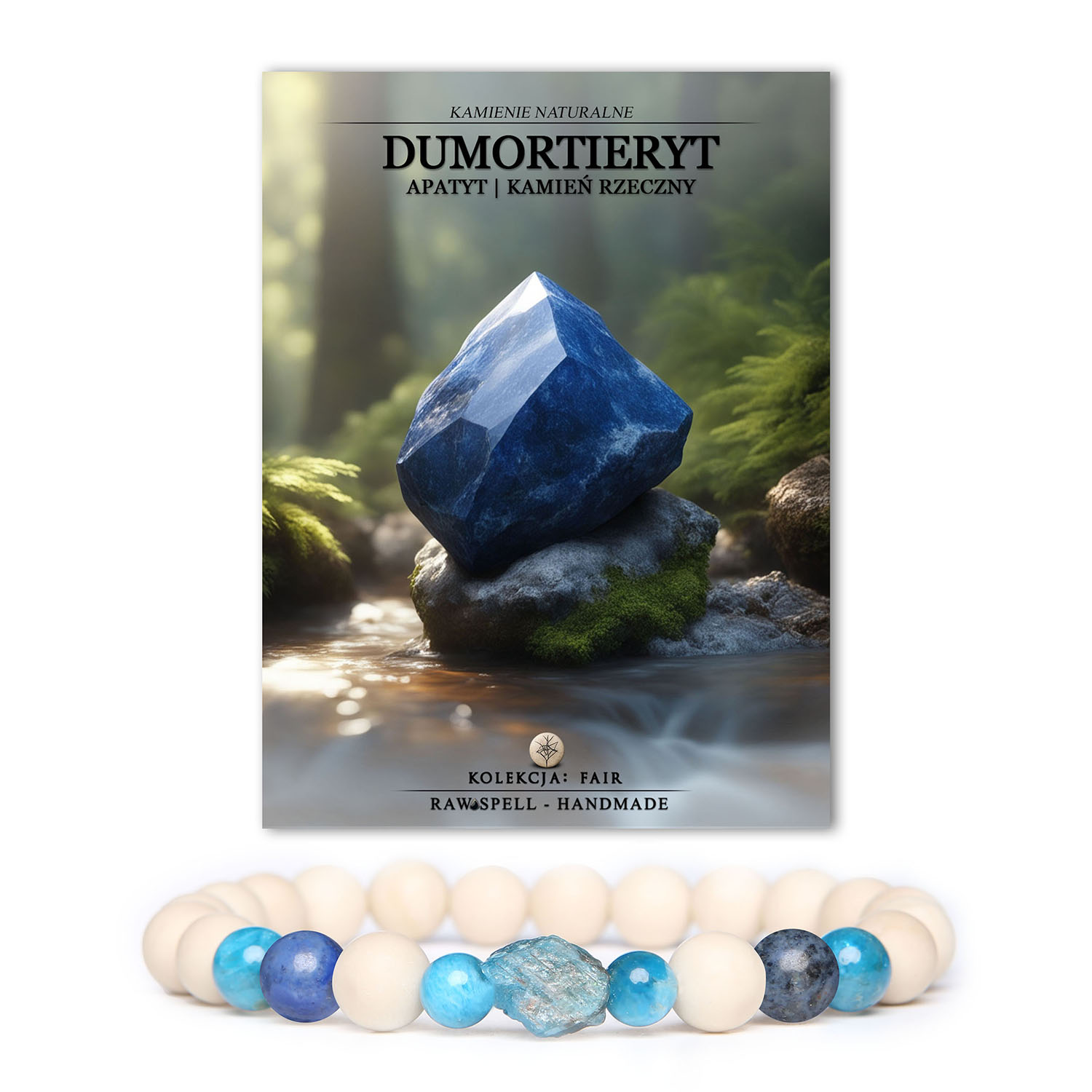 Elegancka bransoletka Fair z naturalnymi kamieniami: dumortierytem, apatytu i kamieniem rzecznym, dedykowana zarówno dla mężczyzn, jak i kobiet.