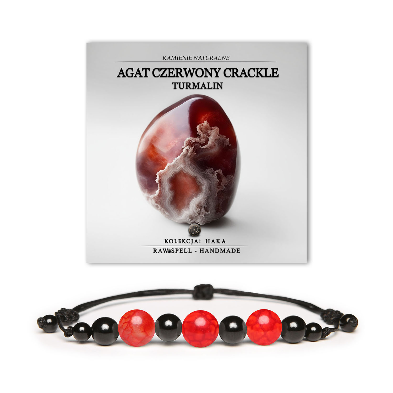 Kolekcjonerska bransoletka Haka z kamieniami naturalnymi: agat czerwony crackle i turmalin, idealna dla każdego.