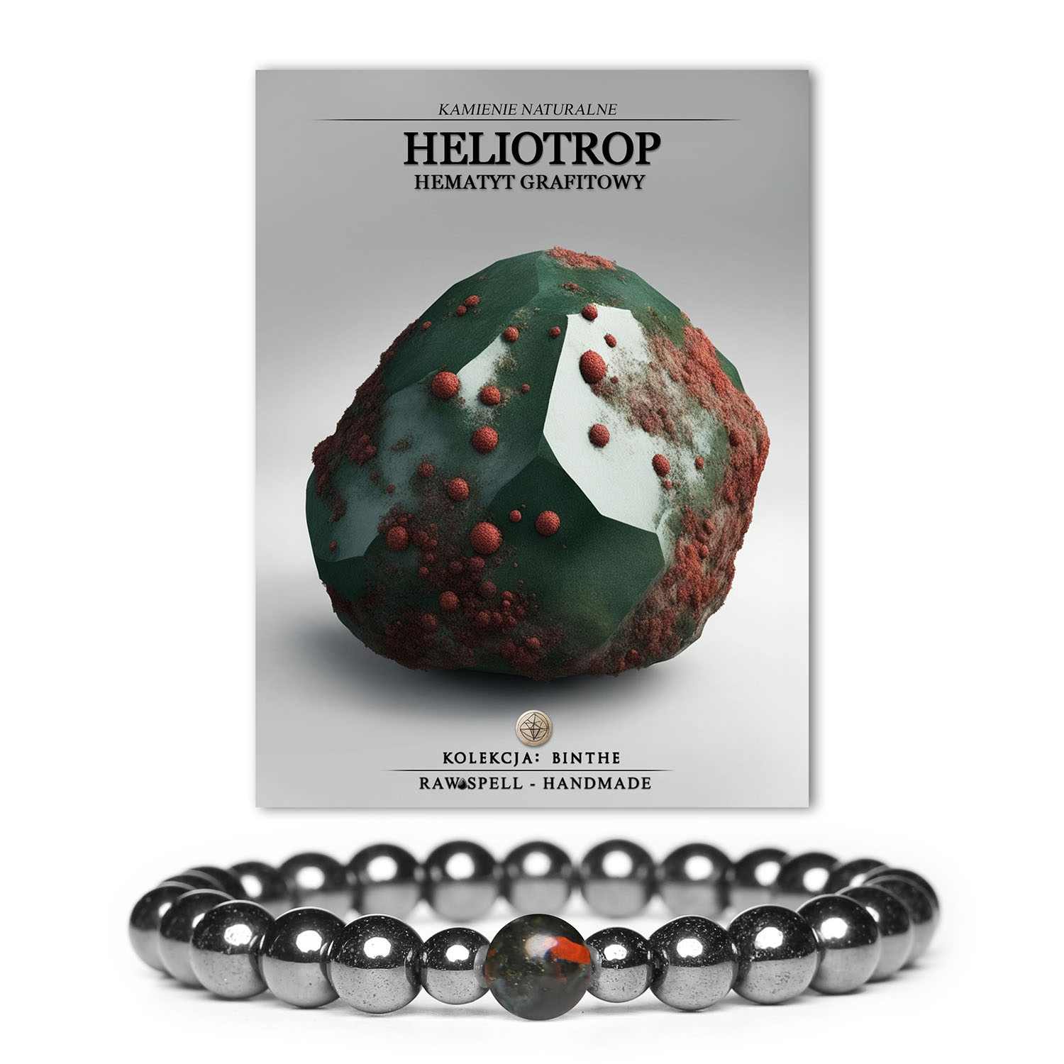 Bransoletka Binthe z naturalnymi kamieniami: heliotrop i hematyt grafitowy, idealna dla kobiet i mężczyzn.