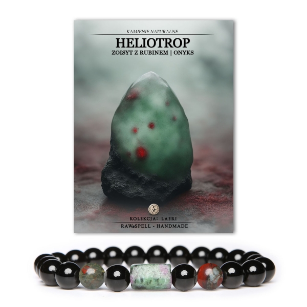 Unikalna bransoletka Laeri, zdobiona naturalnymi kamieniami - heliotropem, zoisytami z rubinem i onyksem, dla kobiet i mężczyzn.