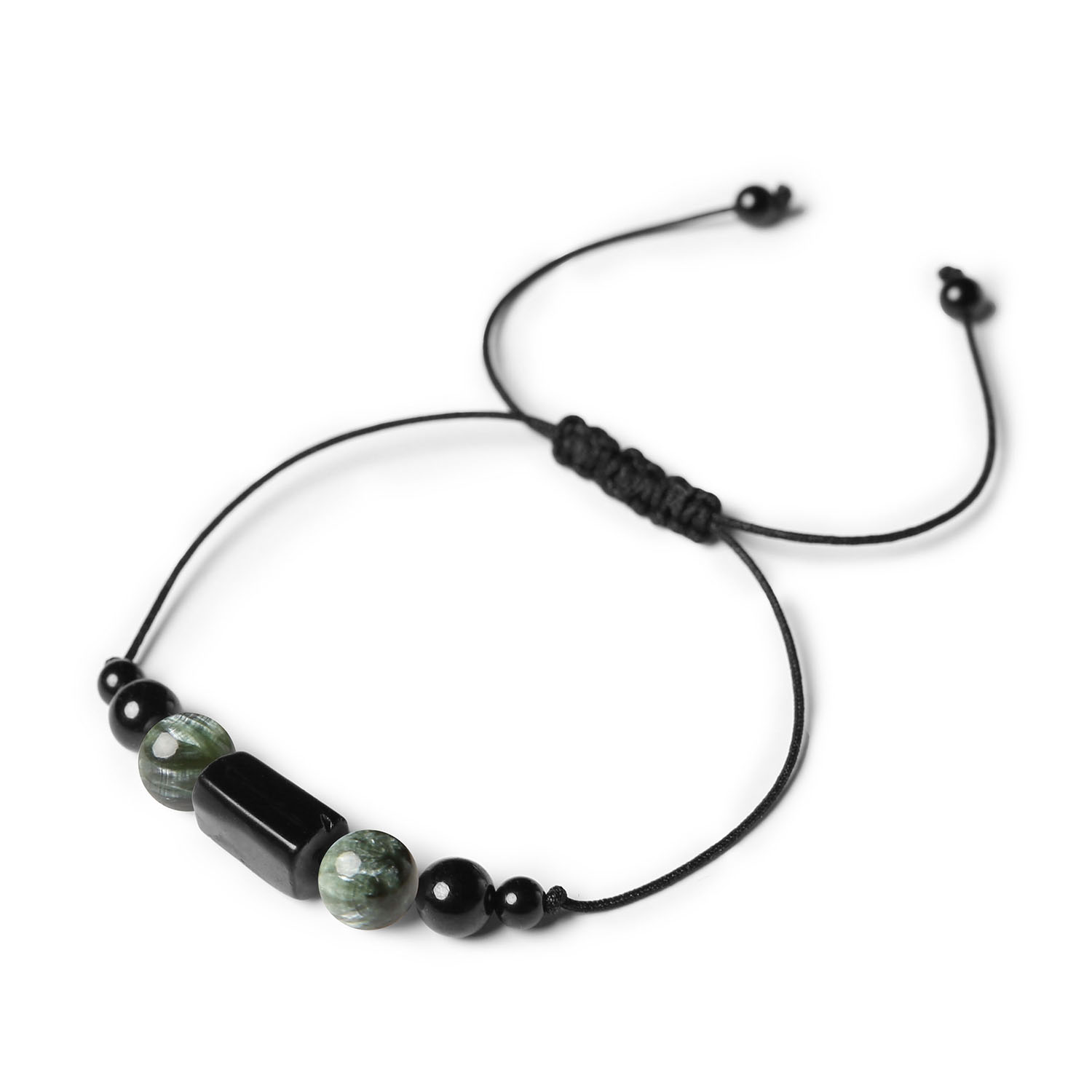 Bransoletka Inare z serafinitu i turmalinu, idealna dla kobiet i mężczyzn Unikalna bransoletka Inare z kamieni naturalnych serafinitu i turmalinu, przeznaczona dla kobiet i mężczyzn.