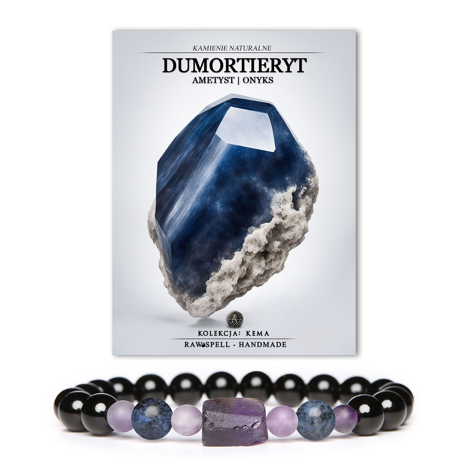 Bransoletka Kema z kamieniami naturalnymi – dumortieryt, ametyst i onyks – stworzona z myślą o kobietach i mężczyznach.