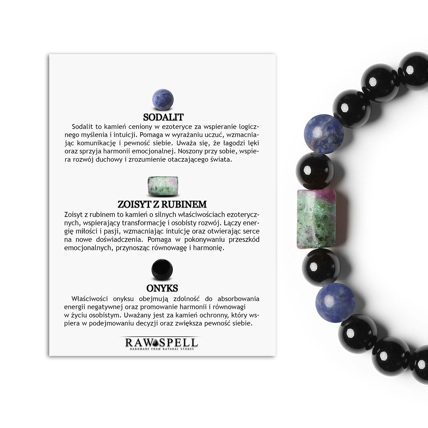 Bransoletka Kolekcji Laeri na Gumce Sodalit Zoisyt Z Rubinem Onyks dla Kobiet i Mężczyzn Elegancka bransoletka Laeri z naturalnymi kamieniami: sodalit, zoisyt z rubinem i onyks – uniwersalna biżuteria dla kobiet i mężczyzn.