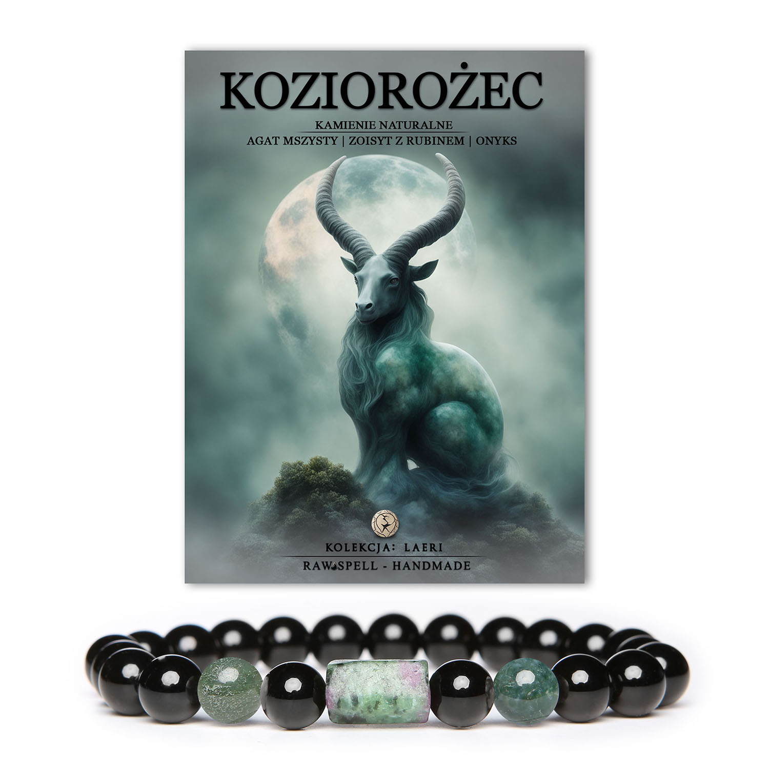 Kolekcja Laeri - Znak Zodiaku Koziorożca, reprezentowany przez piękną bransoletkę na gumce z kamieniami naturalnymi, takimi jak agat mszasty, zoisyt z rubinem i onyks, dla każdego, kto urodził się pod tym znakiem