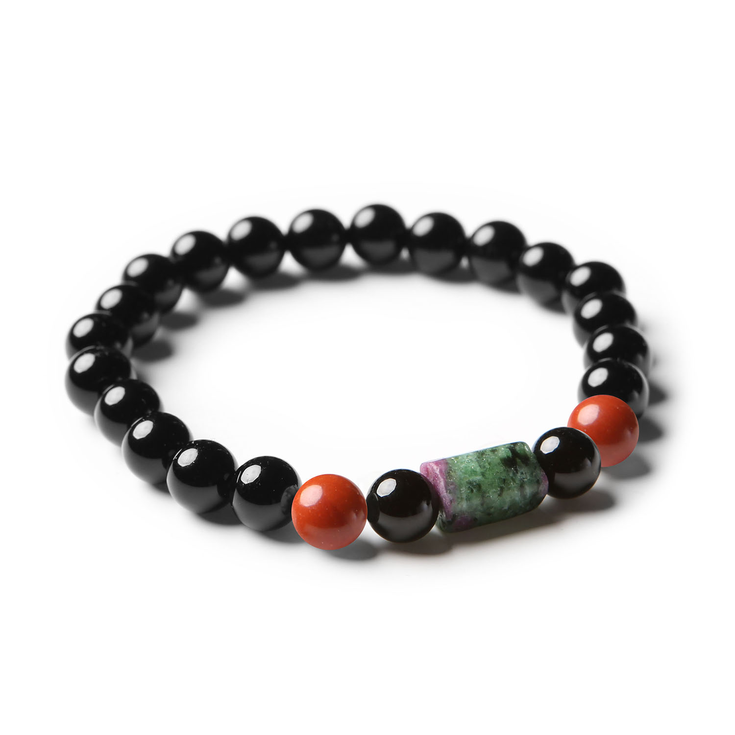 Elegancka bransoletka Laeri z kamieni naturalnych: czerwony jaspis, zoisyt z rubinem oraz onyks, unisex.