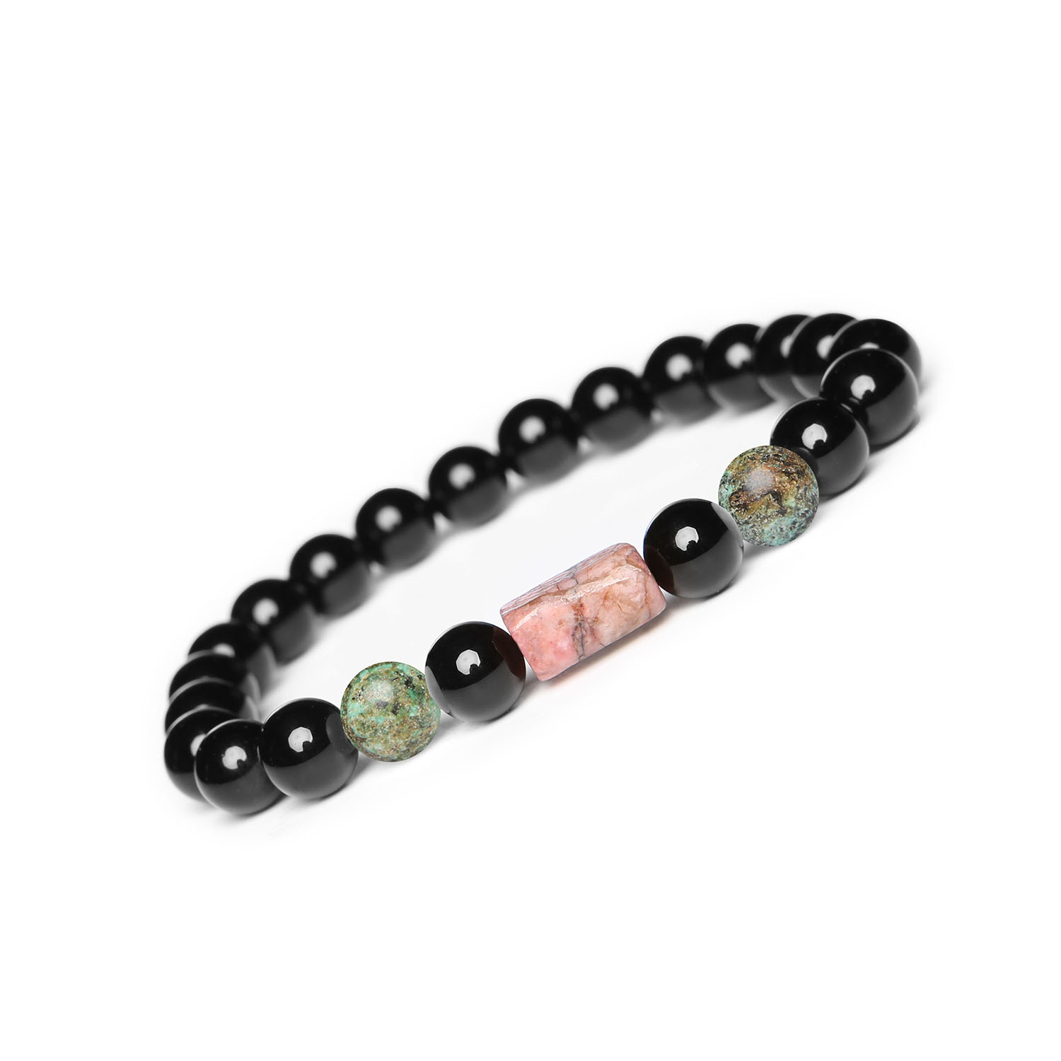 Bransoletka Laeri - Klasyczny Styl z Turkusem, Rodonitem i Onykiem - Dla każdego Wzoru Elegancka bransoletka Laeri z naturalnych kamieni: turkus afrykański, rodonit w kolorze różowym oraz onyks – doskonały wybór dla kobiet i mężczyzn.