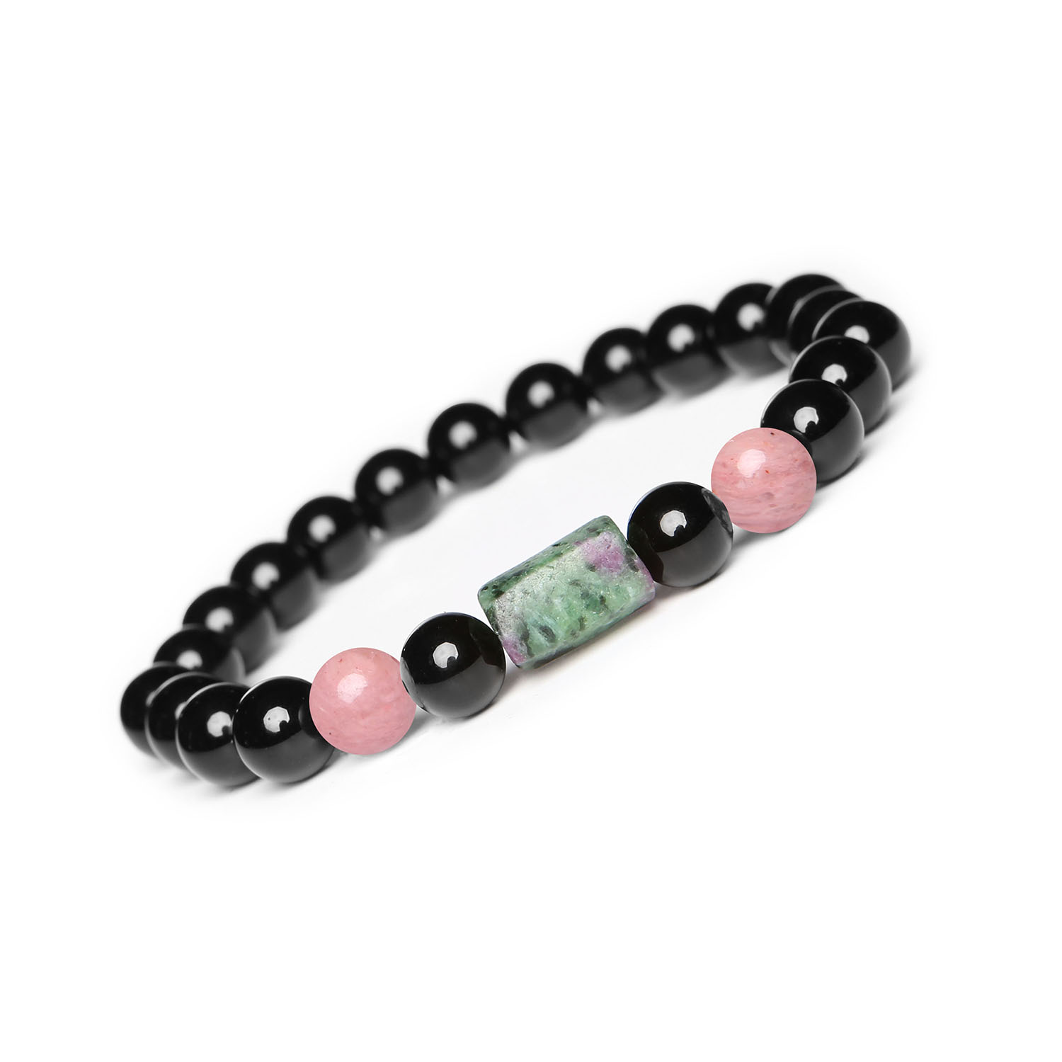 Bransoletka Laeri Laeri kolekcja - Rodonit Różowy, Zoisyt z Rubinem, Onyks - dla kobiet i mężczyzn Bransoletka Laeri dla kobiet i mężczyzn, z kamieniami naturalnymi: różowy rodonit, zoisyt z rubinem oraz onyks. Elegancki wybór na każdą okazję.