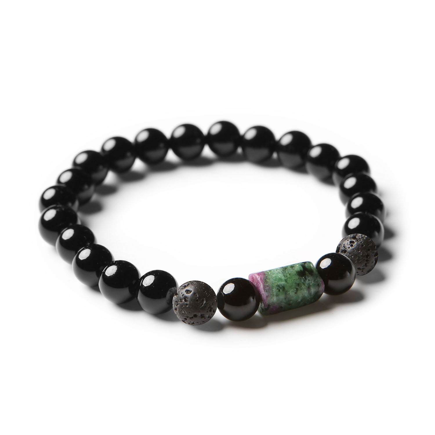 Stylowa bransoletka Laeri dla kobiet i mężczyzn, zrobiona z lawy wulkanicznej, zoisytu z rubinem oraz onyksu, na wygodnej gumce.