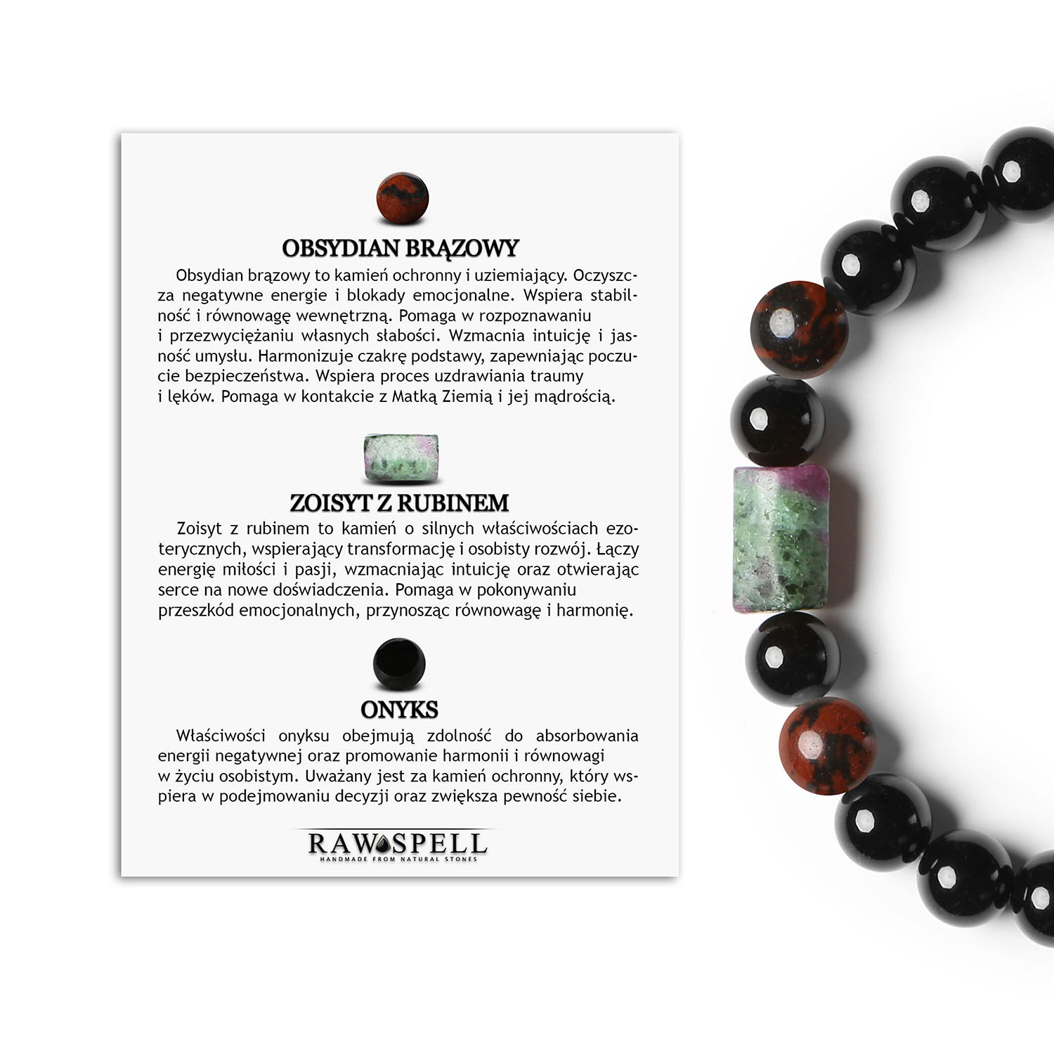 Bransoletka Laeri Obsydian Brązowy Zoisyt z Rubinem Onyks - idealny dodatek dla Kobiet i Mężczyzn Bransoletka na gumce Laeri z naturalnymi kamieniami: obsydian brązowy, zoisyt z rubinem i onyks, idealna dla kobiet i mężczyzn.