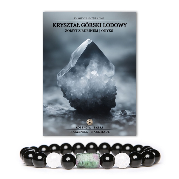 Stylowa bransoletka z kolekcji Laeri, wykonana z Kryształu Górskiego Lodowego, Zoisytu z Rubinem i Onyksu. Uniwersalne akcesorium dla kobiet i mężczyzn.