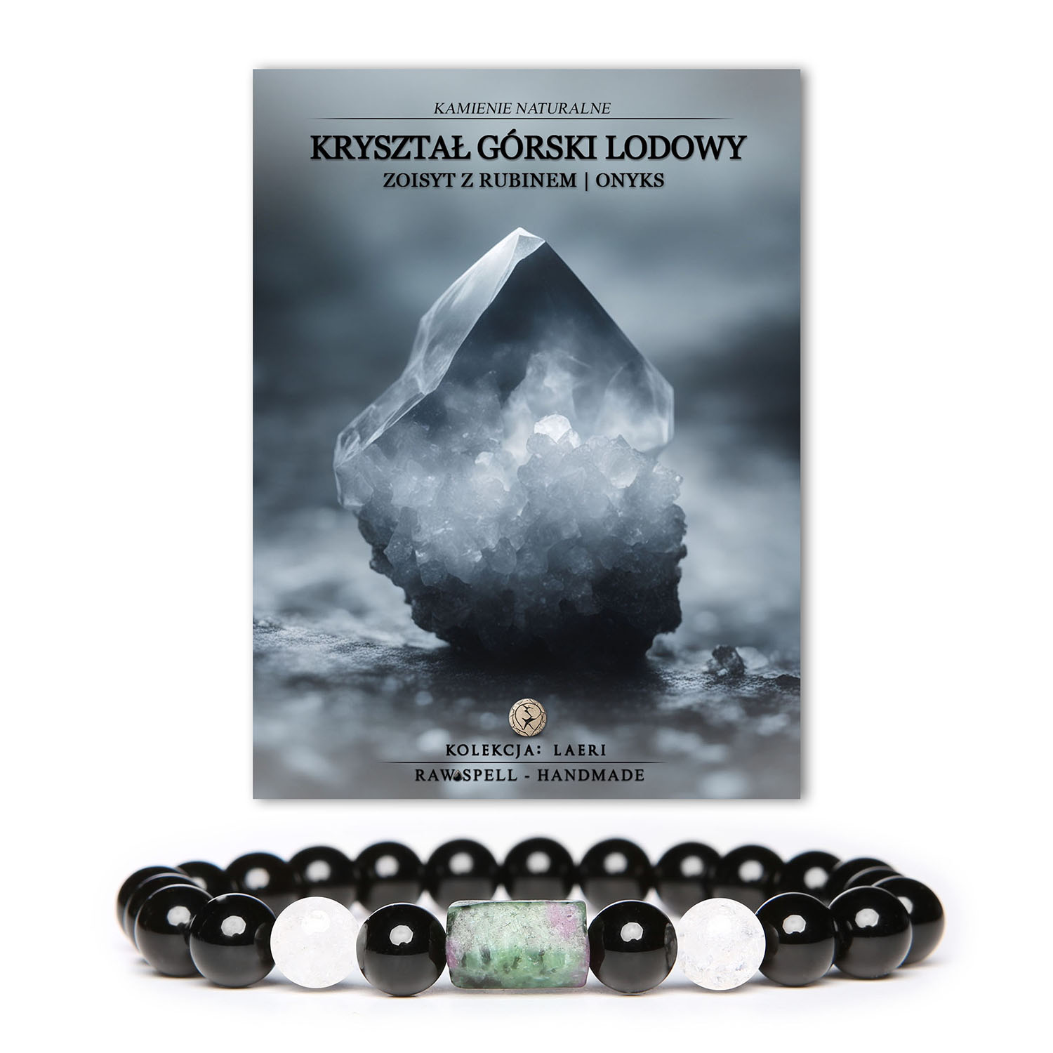 Stylowa bransoletka z kolekcji Laeri, wykonana z Kryształu Górskiego Lodowego, Zoisytu z Rubinem i Onyksu. Uniwersalne akcesorium dla kobiet i mężczyzn.