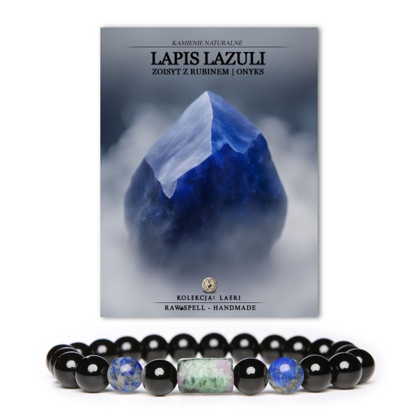 Stylowa bransoletka unisex Laeri z kamieniami naturalnymi: Lapis Lazuli, Zoisyt z Rubinem, Onyks.