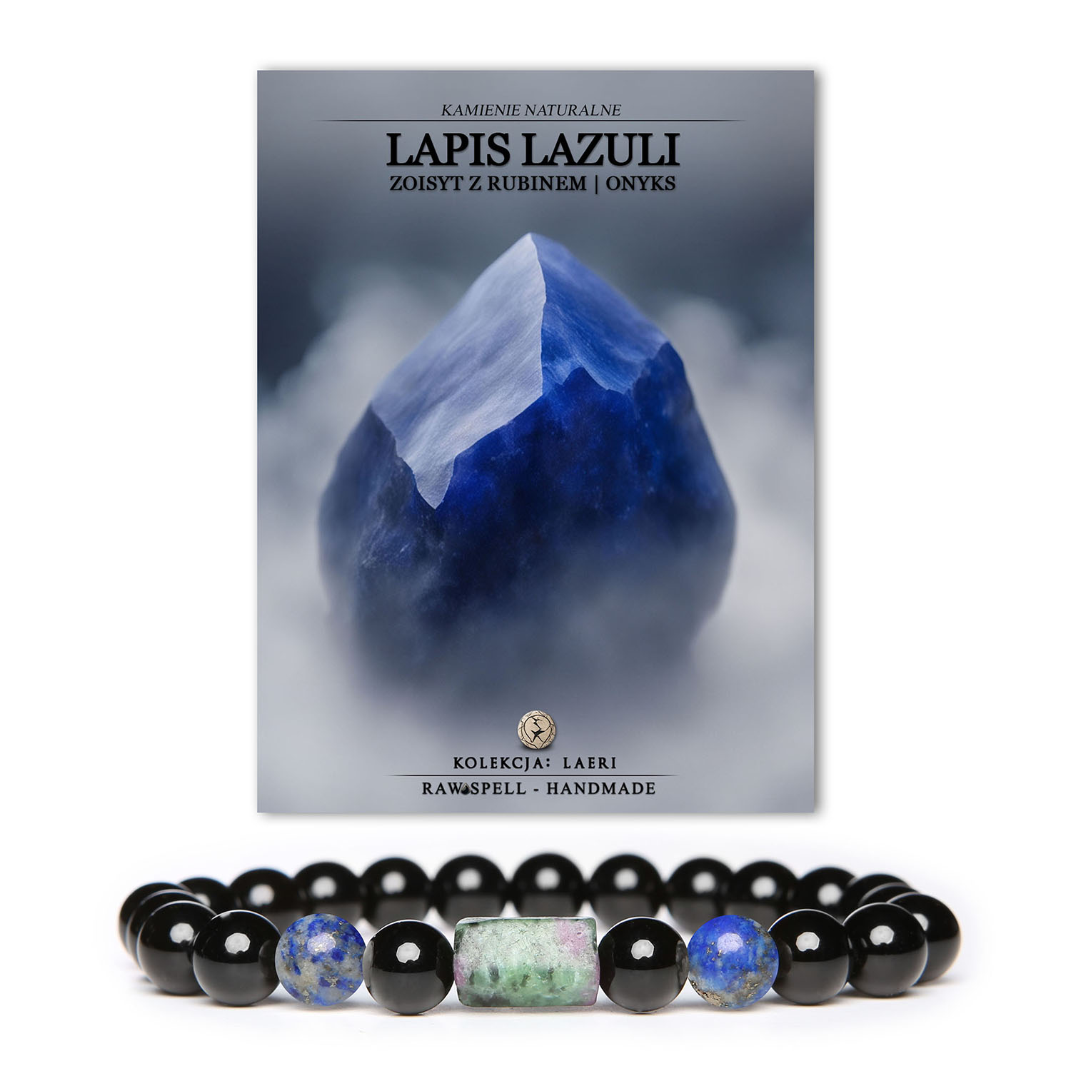 Stylowa bransoletka unisex Laeri z kamieniami naturalnymi: Lapis Lazuli, Zoisyt z Rubinem, Onyks.