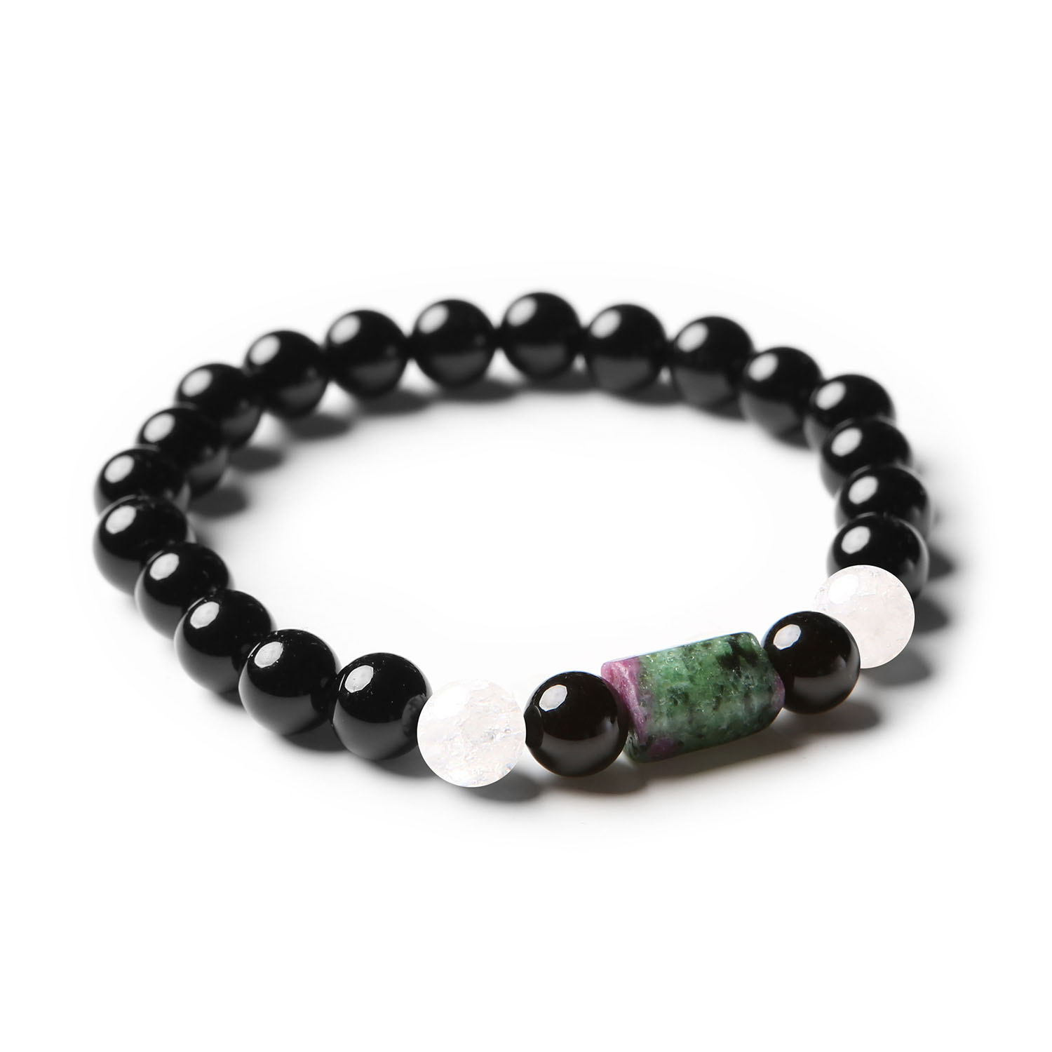 Elegancka bransoletka Laeri z naturalnych kamieni: Kryształ Górski Lodowy, Zoisyt z Rubinem oraz Onyks, przeznaczona dla kobiet i mężczyzn.