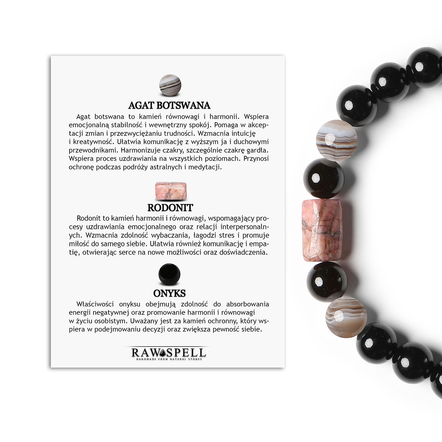 Bransoletka Laeri - kolekcja sznurkowa dla kobiet i mężczyzn z agatem Botswana, rodonitem różowym i onykiem Stylowa bransoletka Laeri wykonana z agatu Botswana, różowego rodonitu i onyksem, idealna dla kobiet i mężczyzn.