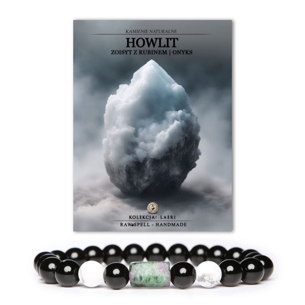 Elegancka bransoletka na gumce Laeri z kamieniami: Howlit, Zoisyt z Rubinem i Onyks, idealna dla kobiet i mężczyzn.