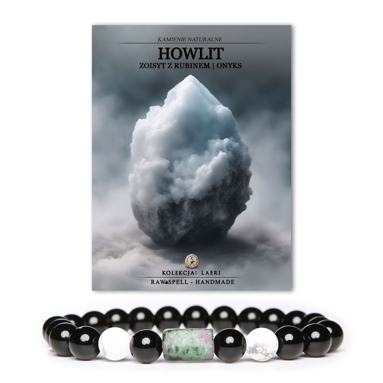 Elegancka bransoletka na gumce Laeri z kamieniami: Howlit, Zoisyt z Rubinem i Onyks, idealna dla kobiet i mężczyzn.