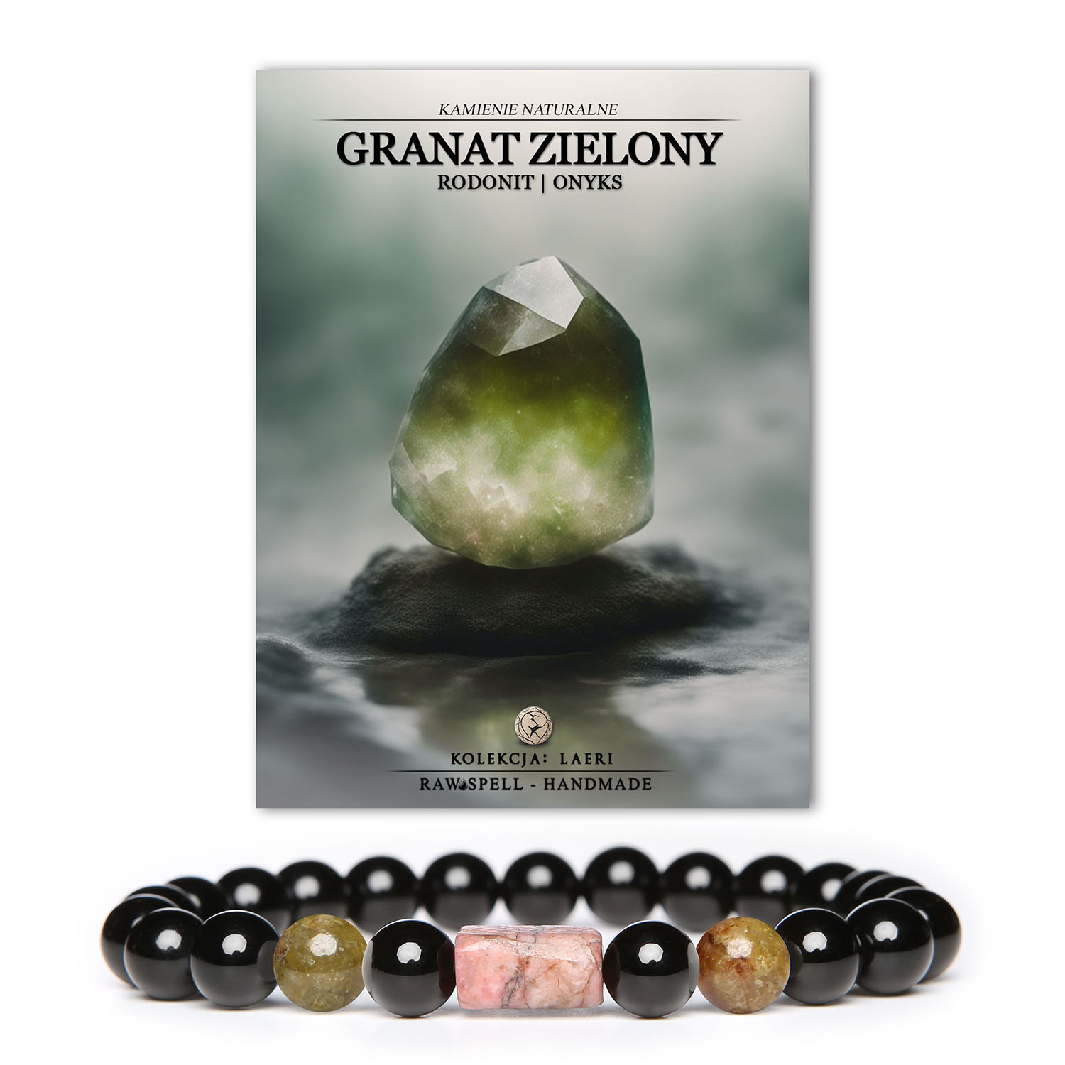 Bransoletka dla kobiet i mężczyzn z kolekcji Laeri, ozdobiona zielonym granatem, rodonitem i onyksami – naturalne piękno w każdej chwili.