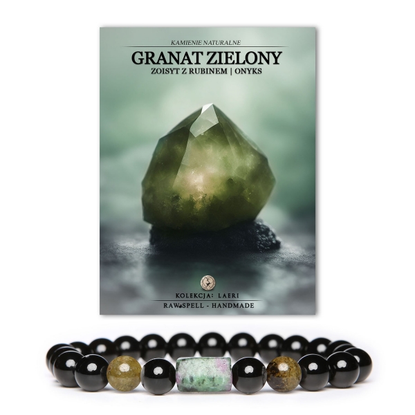Elegancka bransoletka z kolekcji Laeri, stworzona z kamieni naturalnych: zielonego granatu, zoisytu z rubinem oraz onyxu. Doskonała dla kobiet i mężczyzn.