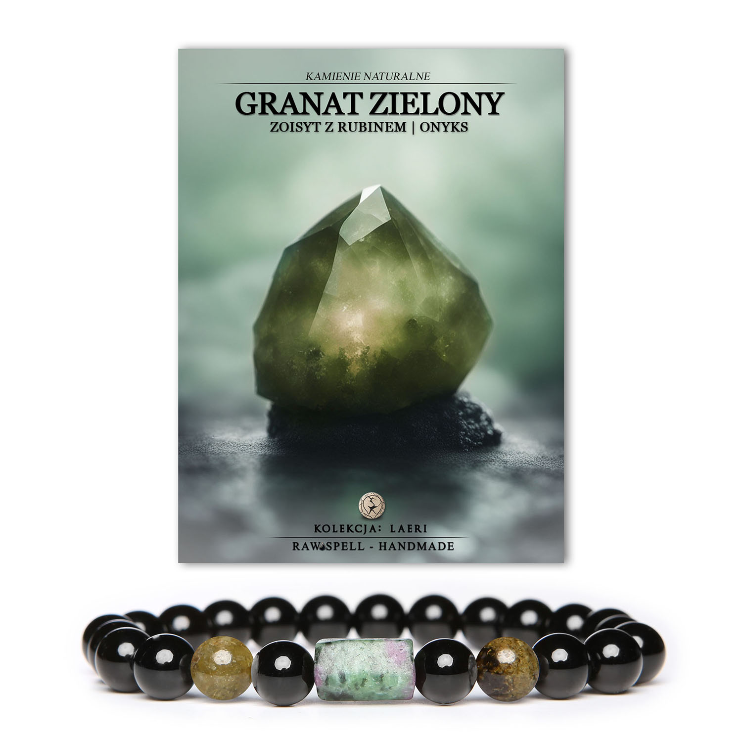 Elegancka bransoletka z kolekcji Laeri, stworzona z kamieni naturalnych: zielonego granatu, zoisytu z rubinem oraz onyxu. Doskonała dla kobiet i mężczyzn.