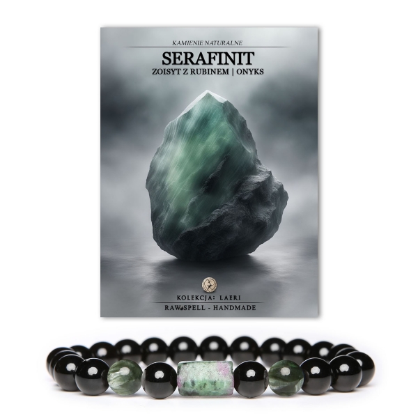 Bransoletka Laeri dla kobiet i mężczyzn, z naturalnych kamieni: serafinit, zoisyt z rubinem oraz onyks.