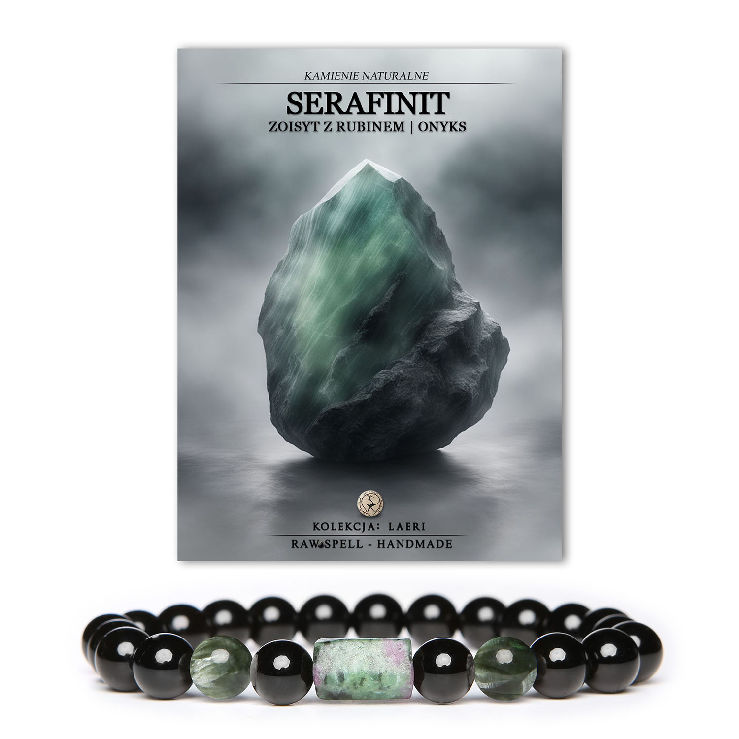 Bransoletka Laeri dla kobiet i mężczyzn, z naturalnych kamieni: serafinit, zoisyt z rubinem oraz onyks.