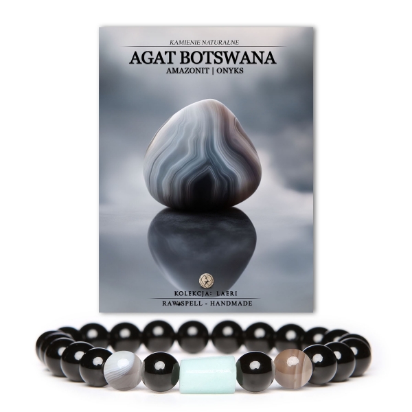 Elegancka bransoletka z kolekcji Laeri, zawierająca naturalne kamienie: agat Botswana, amazonit oraz onyks, doskonała dla każdego.