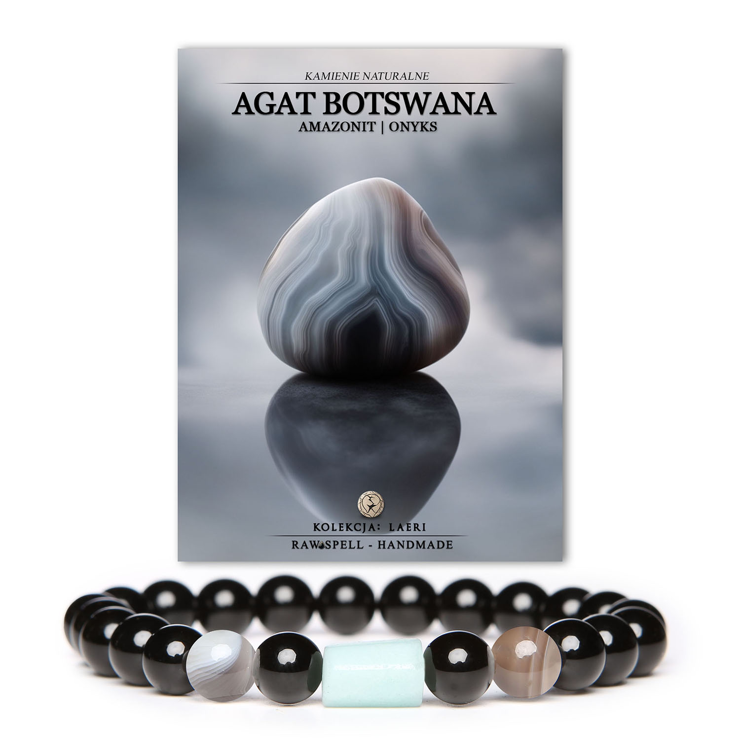 Elegancka bransoletka z kolekcji Laeri, zawierająca naturalne kamienie: agat Botswana, amazonit oraz onyks, doskonała dla każdego.
