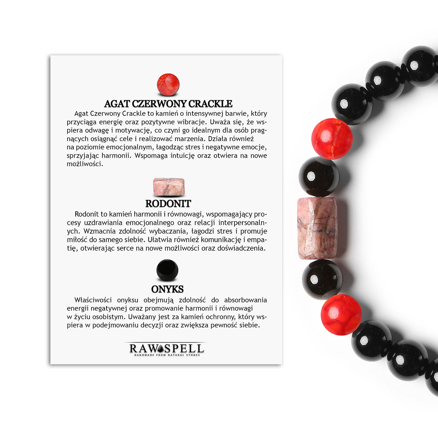 Bransoletka Laeri na gumce z Agatem Czerwonym Crackle, Rodonitem i Onyksem - unisex Bransoletka Laeri z kamieni: Czerwony Crackle Agat, Rodonit i Onyks – modny akcent dla każdej płci.