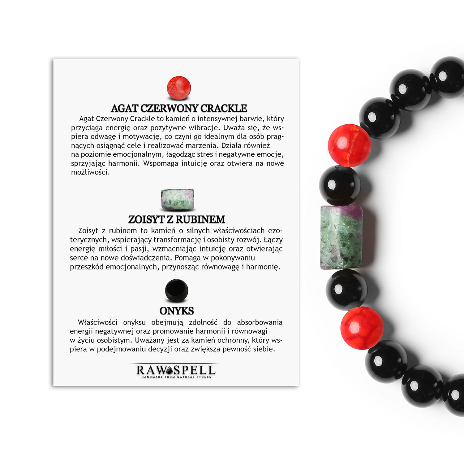 Bransoletka Laeri na gumce z Agatem Czerwonym Crackle, Zoisyt z Rubinem i Onyks przeznaczona dla kobiet i mężczyzn Elegancka bransoletka z kolekcji Laeri wykonana z czerwonego agatu crackle, zoisytu z rubinem i onyksu, unisex.