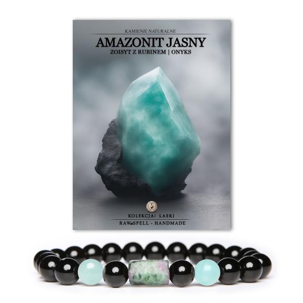 Stylowa bransoletka dla kobiet i mężczyzn na gumce, wykonana z jasnego amazonitu, zoisytu z rubinem i onyksu - kolekcja Laeri.