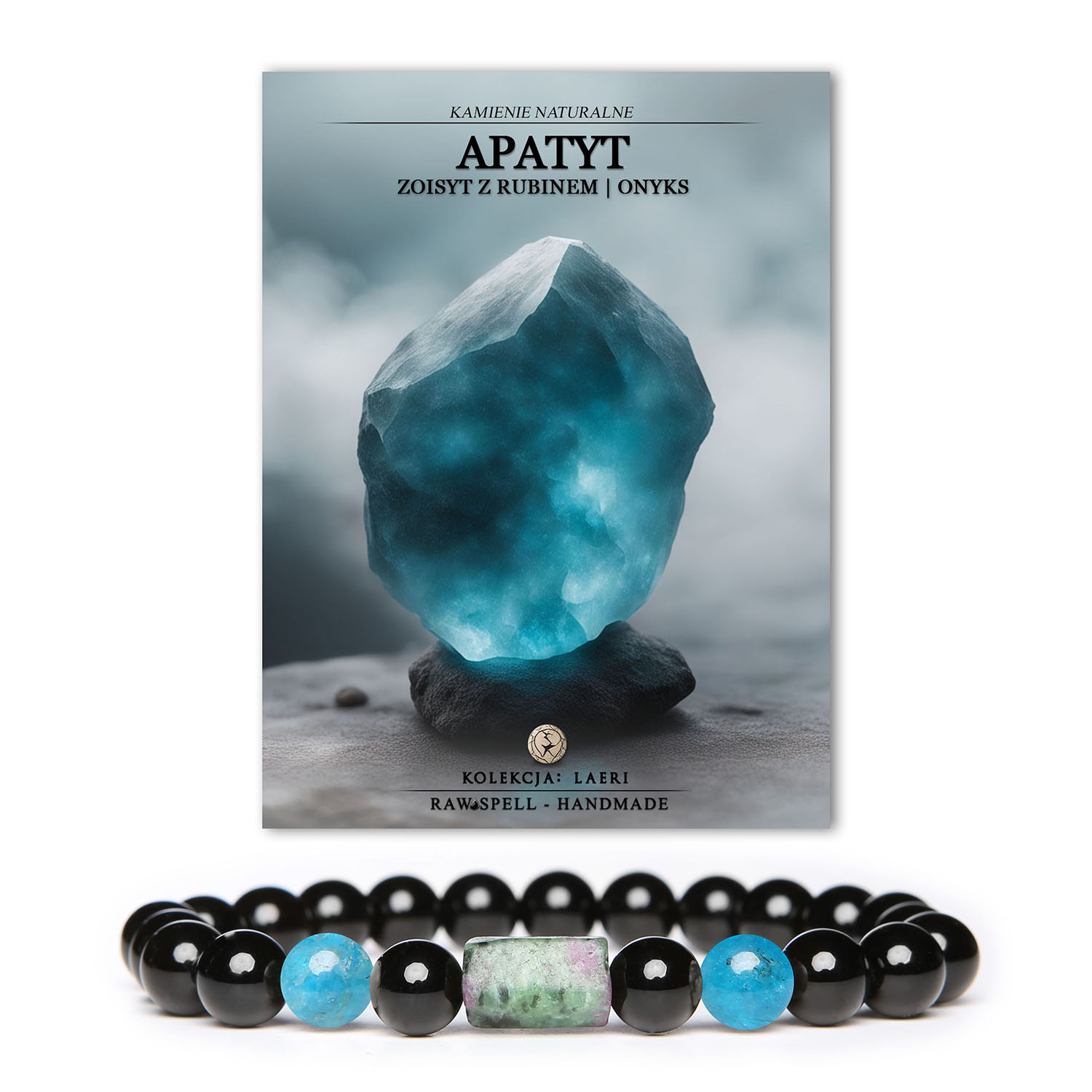 Stylish bransoletka z kolekcji Laeri Dla Kobiet i Mężczyzn, wykonana na gumce, z ozdobnymi kamieniami naturalnymi: apatytem, zoisytem z rubinem i onyksem, dodająca charakteru każdej stylizacji.