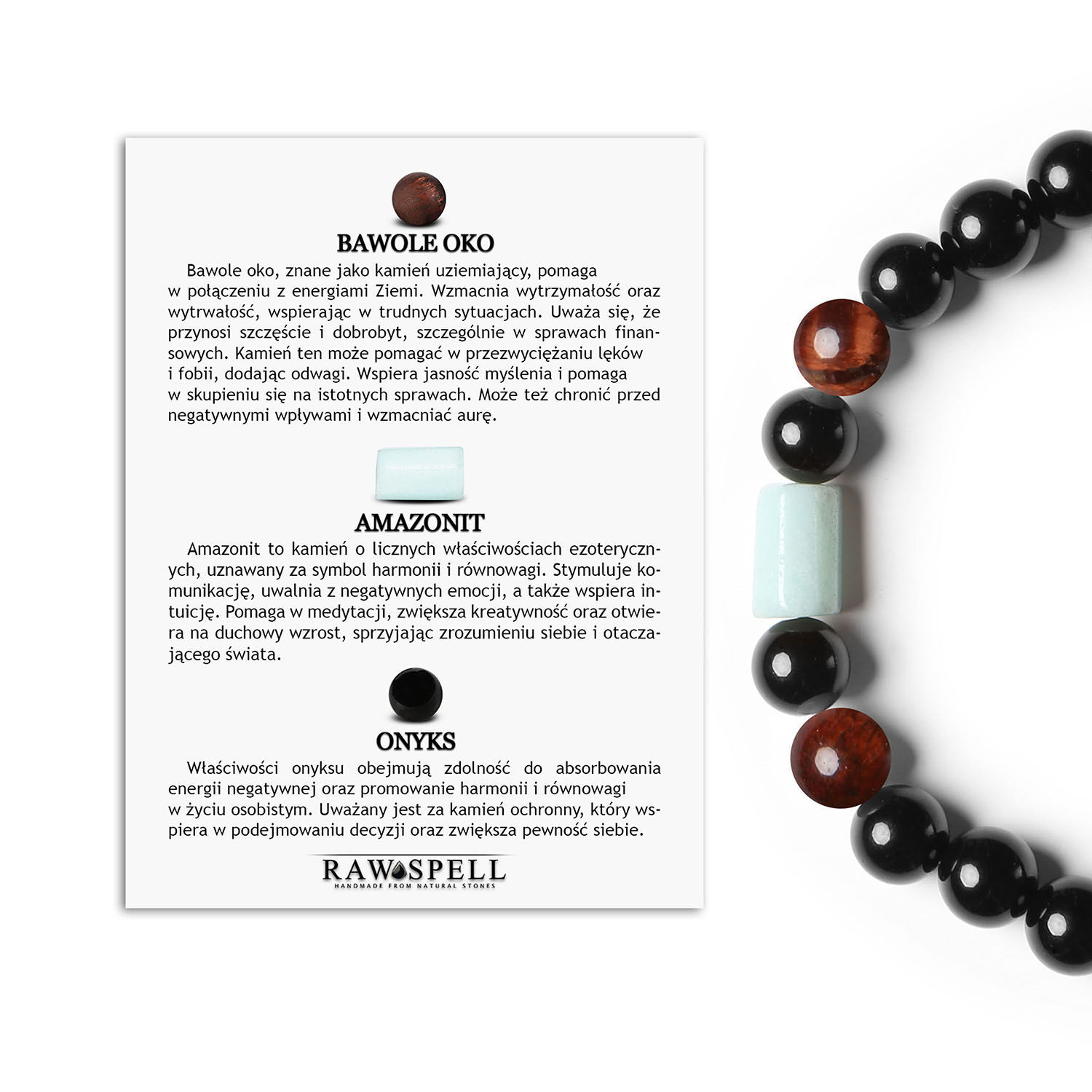 Bransoletka Laeri na gumce z Bawolego Oka, Amazonitu i Onyksu - modny dodatek dla każdego Stylowa bransoletka Laeri z Bawolego Oka, Amazonitu i Onyksu, dedykowana zarówno kobietom, jak i mężczyznom.