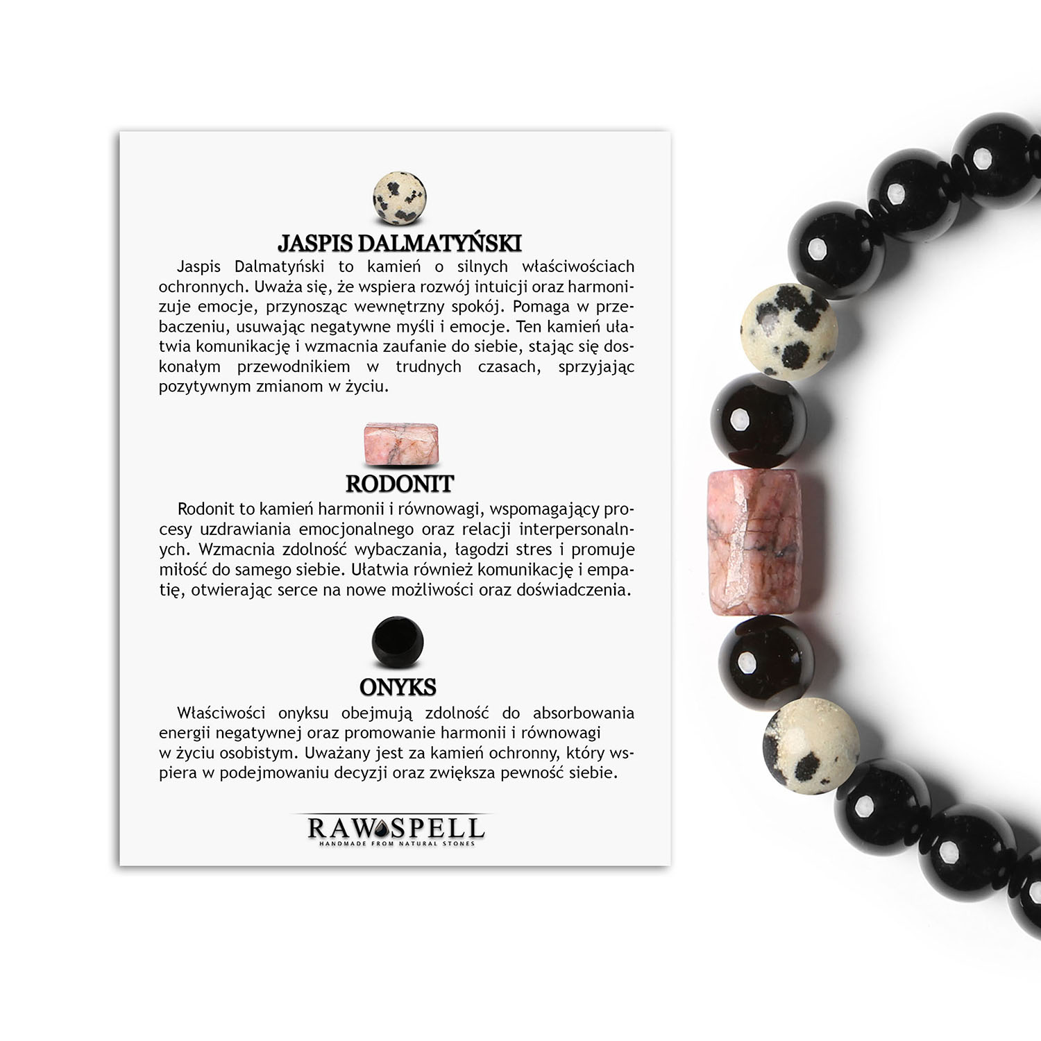 Bransoletka Laeri na gumce z Jaspisem Dalmatyńskim, Rodonitem i Onyksem, stworzona dla kobiet i mężczyzn Unikatowa bransoletka z kolekcji Laeri, wykonana z Jaspisu Dalmatyńskiego, Rodonitu i Onyksu, dostępna dla kobiet i mężczyzn.