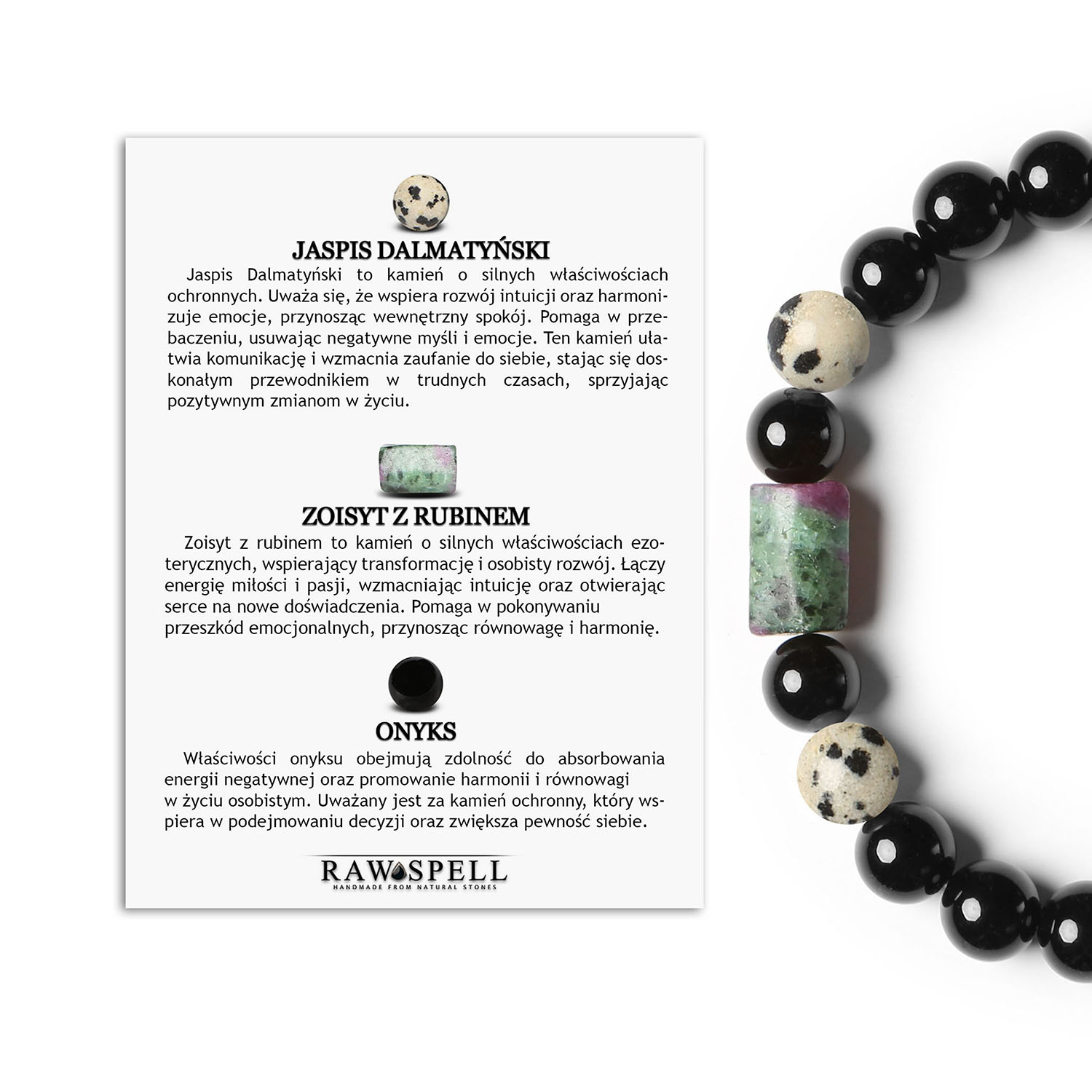 Bransoletka Laeri na gumce z Jaspisem Dalmatyńskim oraz Zoisytem z Rubinem i Onyksami, stworzona dla Kobiet i Mężczyzn Elegancka bransoletka Laeri z jaspisu dalmatyńskiego, zoisytu z rubinem i onyksu, dedykowana kobietom i mężczyznom.