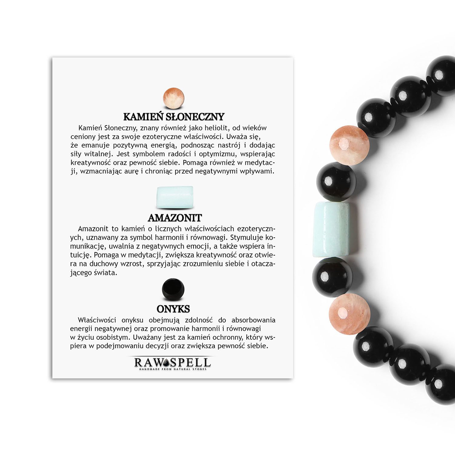 Bransoletka Laeri na gumce z Kamieniem Słonecznym, Amazonitem oraz Onyksem, uniwersalna dla Kobiet i Mężczyzn Bransoletka z kolekcji Laeri z Polsce w naturalnymi kamieniami Słonecznym, Amazonitem i Onyks - doskonały wybór dla kobiet i mężczyzn.