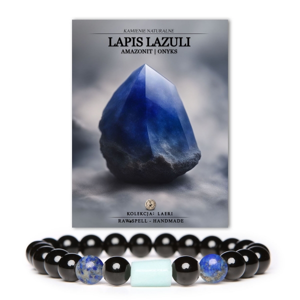 Stylowa bransoletka z kolekcji Laeri, wykonana z lapis lazuli, amazonitu i onyksu, przeznaczona zarówno dla kobiet, jak i mężczyzn.