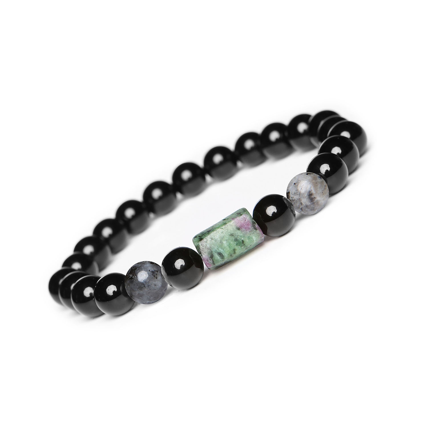 Bransoletka Laeri na gumce z Larvikitem, Zoisyt z Rubinem i Onyks dla wszystkich Elegancka bransoletka Laeri na gumce z larvikitem, zoisytą z rubinem i onyksami, dedykowana zarówno kobietom, jak i mężczyznom.