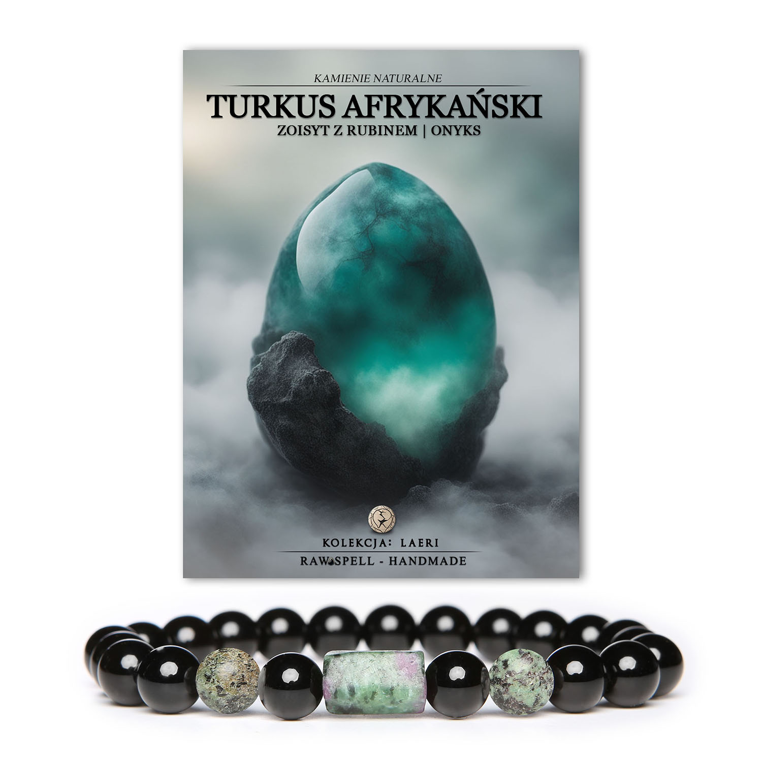 Bransoletka z gumki Laeri, kolekcji dla kobiet i mężczyzn, zawierająca kamienie naturalne, turkus afrykański, zysoit i onyks.